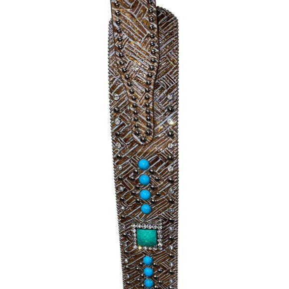Ariat Wide Brown Western Rhinestone & Turquoise Genuine Leather Belt XL With Sil - Picture 11 of 11